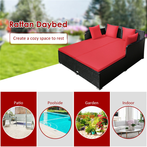 Red Outdoor Rattan Daybed with Upholstered Cushions