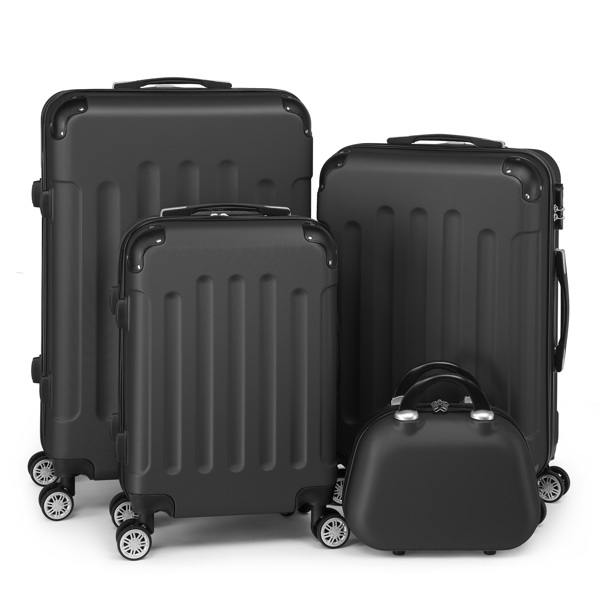 FCH Corner-Protected Four-Piece Set ABS Luggage 20in, 24in, 28in + 12in Handbag with ABS Material and Steel Telescopic Handle in Classic Black