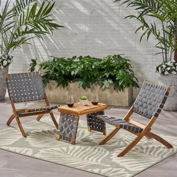 Outdoor Foldable 2 Seater Acacia Wood Chat Set with Strapping Belt Accents, Brown and Gray