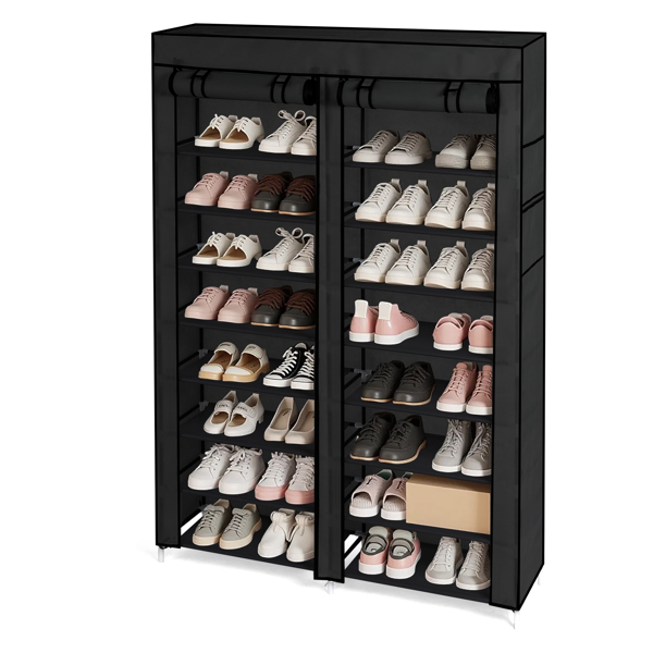 FCH Double Row 10-Tier Non-Woven Fabric Shoe Cabinet with Iron Pipes and Plastic Components, Black