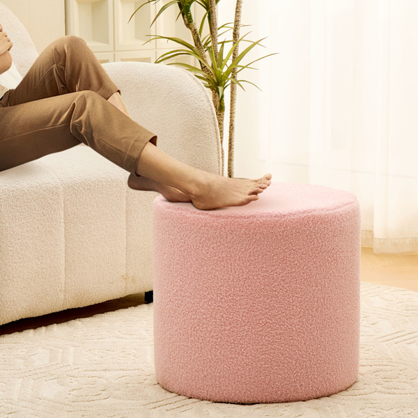 Round Teddy Fleece Ottoman with Soft Padded Seat, Multi-Functional Footrest, Vanity Chairs for Makeup, Upholstered Foot Stool Extra Seating for Living Room, Bedroom(Pink, 15 * 15 * 17.7inch)