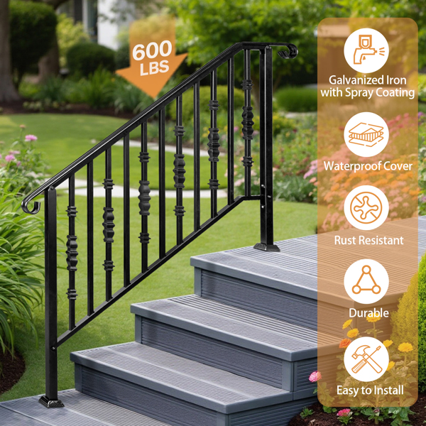 Matte Black Outdoor 4 Level Iron Handrail