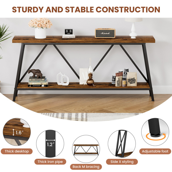 70.9 Inch Extra Long Sofa Table, Console Behind Sofa, Entryway Table with 2 Tier Storage Shelves for Hallways,Living Rooms,Foyers,Entryways,Banquet Rooms,Rustic Brown and Black, 70.9″L x 11.8"W x 32"H