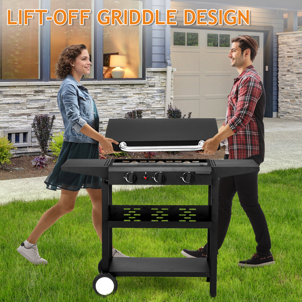 3-Burner Flat Top Gas Griddle Cooking Station with Ceramic Coated Cast Iron Pan, 30,000 BTU Propane Fuelled Griddle Station with Side Shelves & Spice Rack for Outdoor Barbecue Backyard Cookout