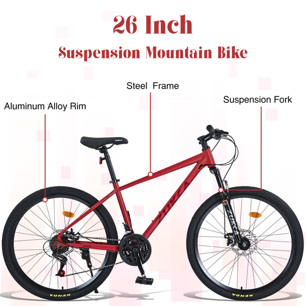 Mountain Bike for Men and Women 26 inch 24 Speed Suspension Fork KENDA Tires