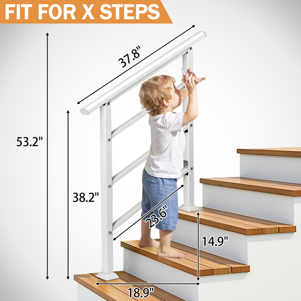 Handrails for Outdoor Steps, Wrought Iron Handrail Fits 1 or 3 Steps, Transitional Handrail with Installation Kit, White