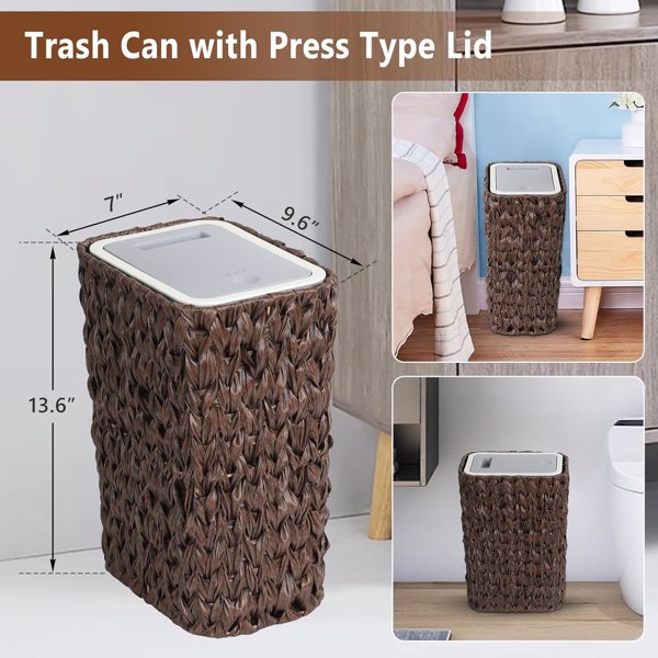 Bathroom Small Trash Can with Lid,2.6 Gallon Small Garbage Can with Rattan Basket, Slim Wicker Wastebasket Trash Can Press Top Lid for Bathroom,Kitchen,Office,Living Room,Bedroom-Brown