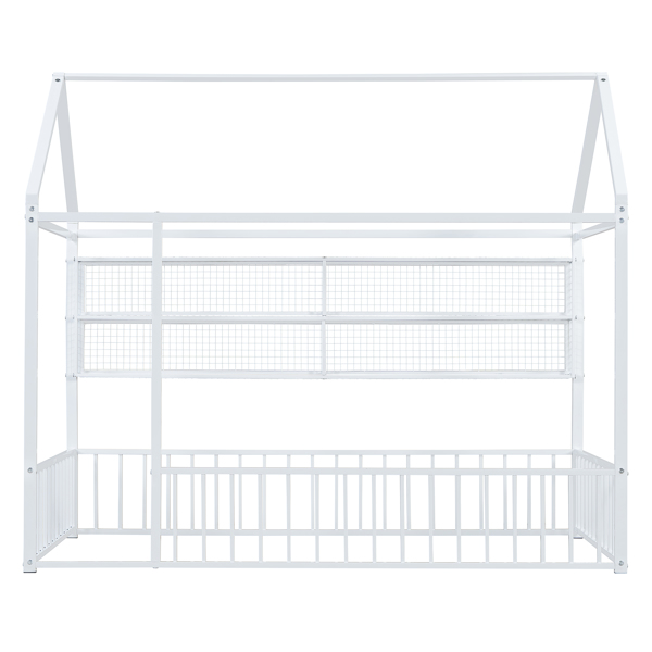 Twin Size Metal Bed House Bed Frame with Fence and Shelves, White