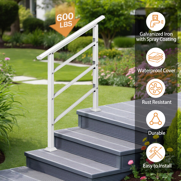 Handrails for Outdoor Steps, Wrought Iron Handrail Fits 1 or 3 Steps, Transitional Handrail with Installation Kit, White