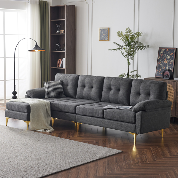 L-Shaped Sectional Sofa Couch for Living Room, Modern 4-Seater Tufted Linen Lounge Sleeper with Chaise, Dark Grey