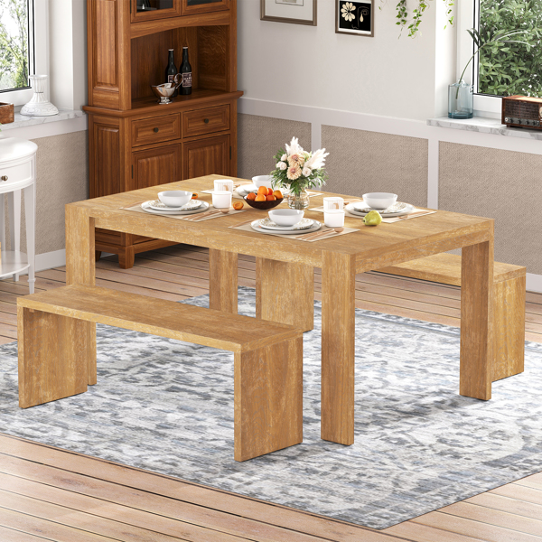 3-piece Farmhouse Style Simple Dining Set, Dining Table and 2 Benches, for Dining Room, Kitchen and Living Room (Natural Wood Wash)