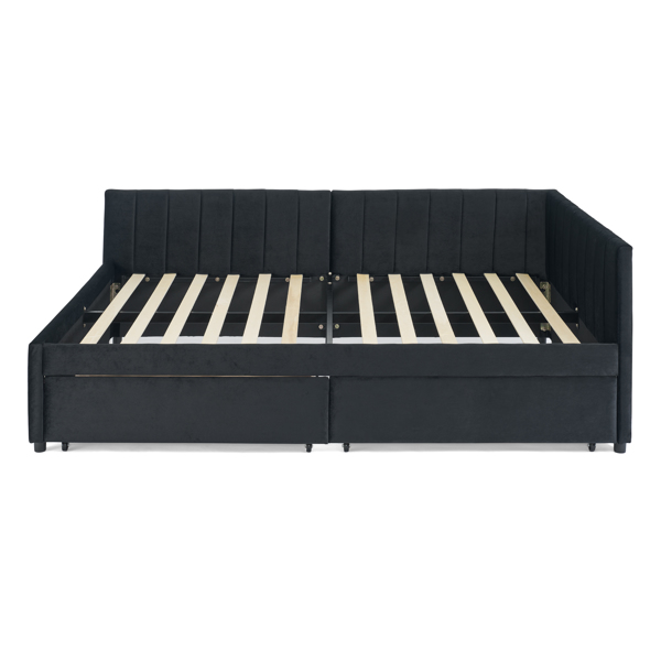 Full Size Upholstered Tufted Bed Frame with Two Drawers, Sofa Bed Frame with Comfortable Backrest and Armrests, Velvet, Black(79.5''x58''x25'')