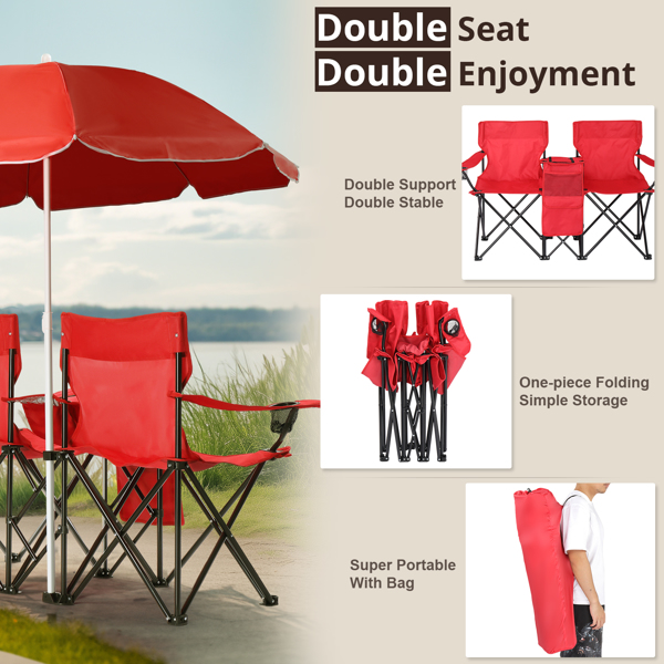 Portable Outdoor 2-Seat Folding Chair with Removable Sun Umbrella Red