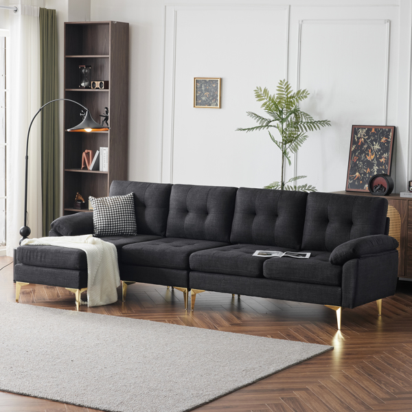 L-Shaped Sectional Sofa Couch for Living Room, Modern 4-Seater Tufted Linen Lounge Sleeper with Chaise, Black