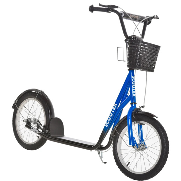 Youth Scooter with Adjustable Handlebars and plastic basket  16" Inflatable Rubber Tires  -Blue