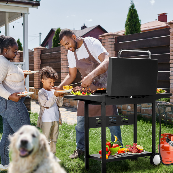 3-Burner Flat Top Gas Griddle Cooking Station with Ceramic Coated Cast Iron Pan, 30,000 BTU Propane Fuelled Griddle Station with Side Shelves & Spice Rack for Outdoor Barbecue Backyard Cookout