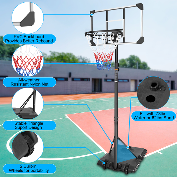 Height Adjustable Basketball Hoop, 7.5 to 10ft Adjustable Basketball Stand with 44 Inch Backboard, Portable Basketball Goal System with Stable Base and Wheels Blue