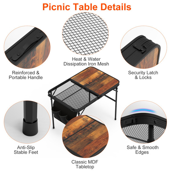 Foldable Camping Table Collapsible Picnic Aluminum Alloy Grill Stand 66LBS Max Load Height Adjustable BBQ Table with Adjustable Height Storage Net 35.43x23.62x26in 