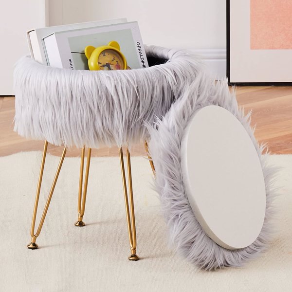 Faux Fur Storage Ottoman Round Furry Vanity Stool Marble Grain Tray Coffee Table Compact Footrest Stool with 4 Metal Legs Soft Makeup Seat Foot Stools for Living Room Bedroom Entryway Grey