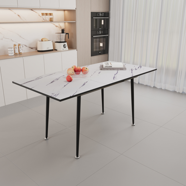 47" expandable to 63" inch MDF square white marble patterned dining table, modern industrial kitchen and dining table, equipped with tapered black metal legs,suitable for living rooms, gatherings, etc