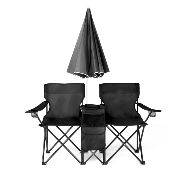 Portable Outdoor 2-Seat Folding Chair with Removable Sun Umbrella Black