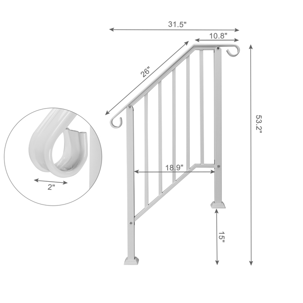 Handrails for Outdoor Steps, Iron Handrail Fits 2 Step, Transitional Handrail with Installation Kit, White（same as 74664377）