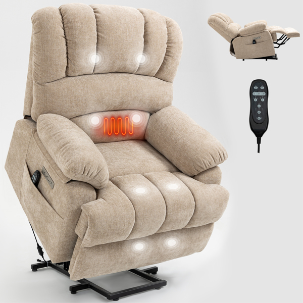 23" Seat Width and High Back Large Size Beige Chenille Power Lift Recliner Chair with 8-Point Vibration Massage and Lumbar Heating