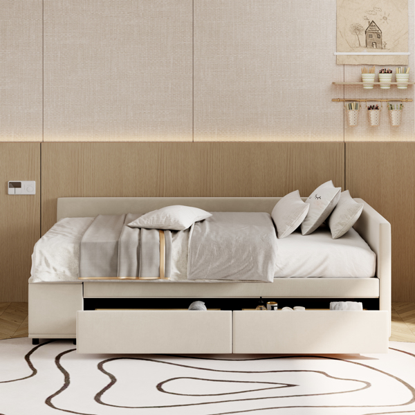 Twin size L-Shaped Upholstered Platform Bed with Storage and Drawers, Beige