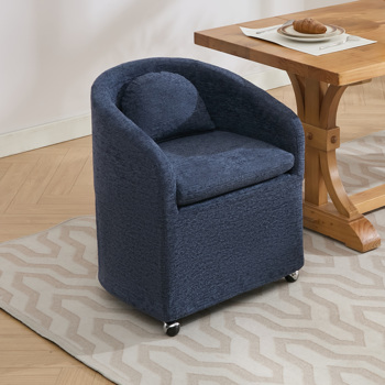 059-Set of 1 Chenille Fabric Dining Armchair With Back Cushion and Universal Wheels,Blue