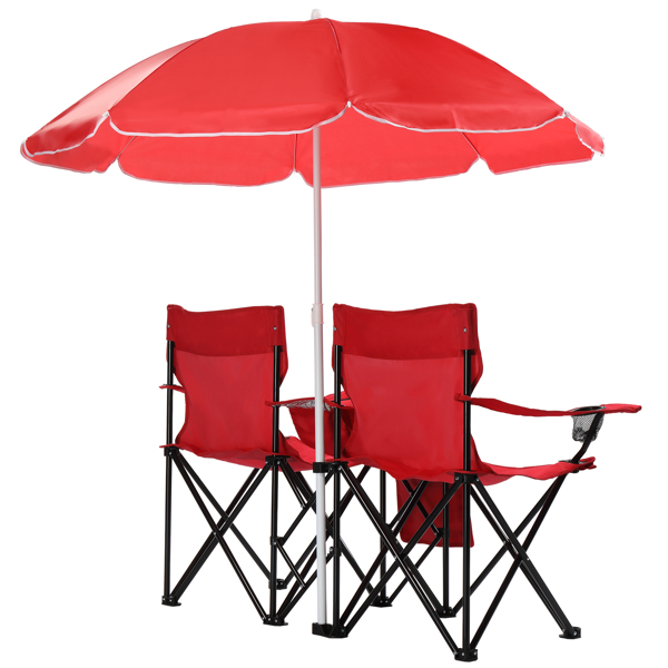 Portable Outdoor 2-Seat Folding Chair with Removable Sun Umbrella Red