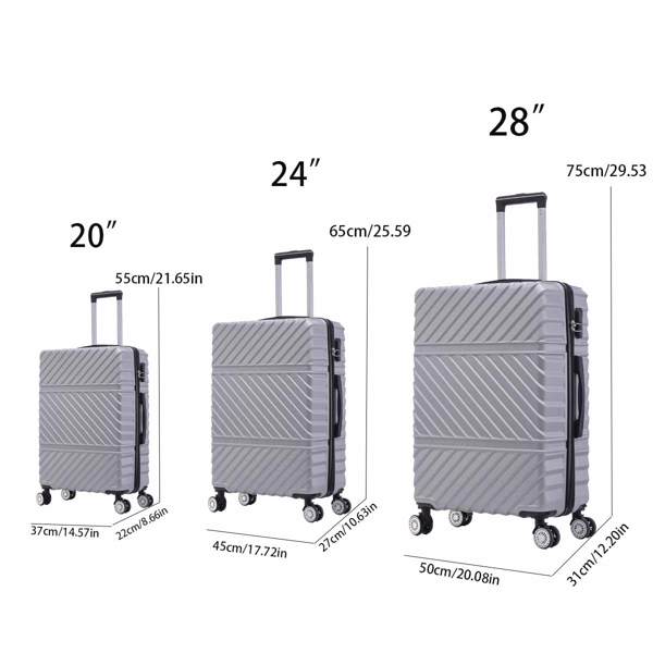 3-piece travel lightweight suitcase with wheels, password lock, business and travel carry on luggage, silver gray (20 inches/24 inches/28 inches)