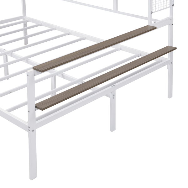 Full size Metal Daybed with Movable Desk, Metal Grid, Shelves and Clothes Hanger, White