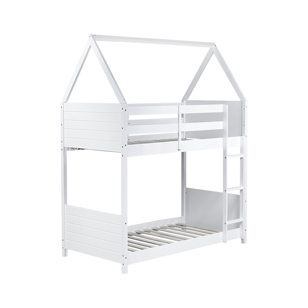 Twin Over Twin House Floor Bunk Bed with Headboards, Footboards and Guardrails, Ladder, Rubber Wood Bunk Bed with Safety Guardrails,White