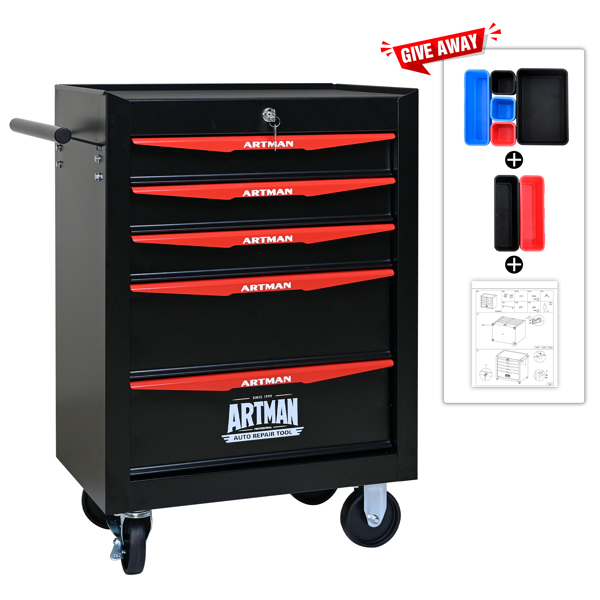 Rolling Metal Tool Chest with 5 Drawers, 20" 5-Drawer Tool Chest Cabinet with Ball Bearing Drawer Slides, Steel Tool Storage Box Organizer -BLACK&RED