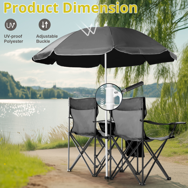 Portable Outdoor 2-Seat Folding Chair with Removable Sun Umbrella Black