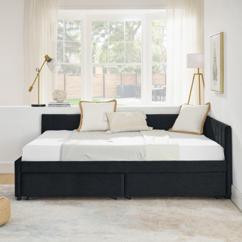 Full Size Upholstered Tufted Bed Frame with Two Drawers, Sofa Bed Frame with Comfortable Backrest and Armrests, Velvet, Black(79.5\\'\\'x58\\'\\'x25\\'\\')