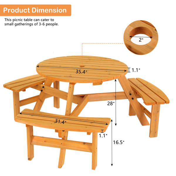 6-Person Outdoor Circular Wooden Picnic Table with 3 Built-In Benches, Outside Table and Bench Set for Porch Backyard Patio Lawn Garden