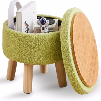 Storage Ottoman, Modern Round Footrest with Soft Padded Seat, Teddy Velvet Footstool with Wood Legs, Accent Small Table or Plant Stand for Hallway, Living Room (Brilliant Green)