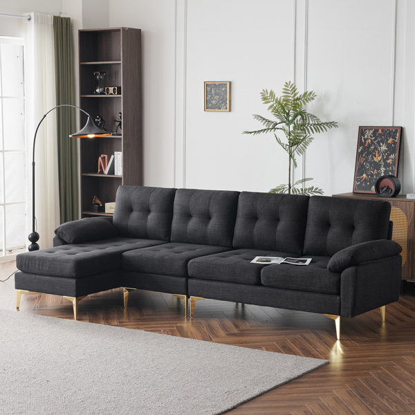 L-Shaped Sectional Sofa Couch for Living Room, Modern 4-Seater Tufted Linen Lounge Sleeper with Chaise, Black