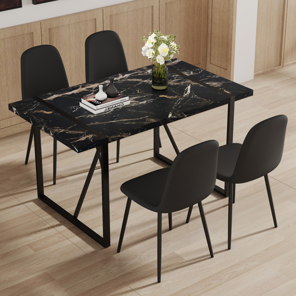 Table and chair set.Modern Black Marble Pattern MDF Dining Set - 55"x31.4" with 4 Cat Claw PU Chairs.Modern Mid-Century Style Upholstered Side Chairs,Spoon Shaped Chairs.Four Chairs per Box.