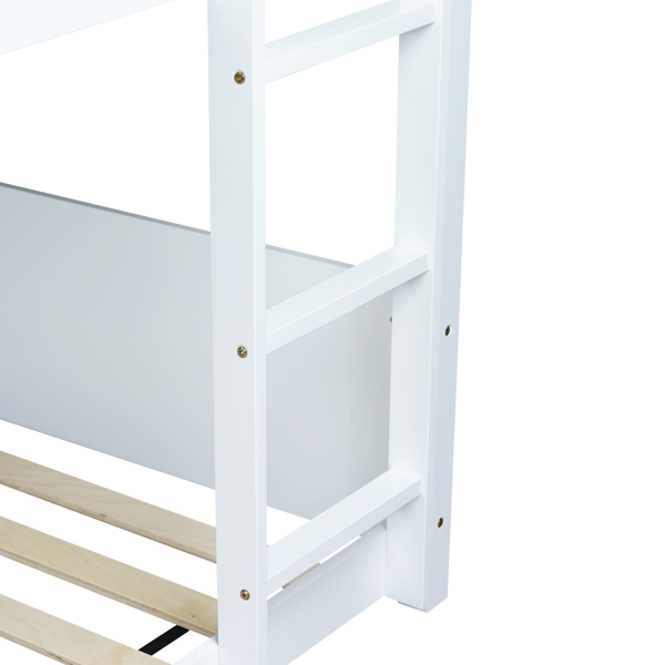 Twin Over Twin House Floor Bunk Bed with Headboards, Footboards and Guardrails, Ladder, Rubber Wood Bunk Bed with Safety Guardrails,White