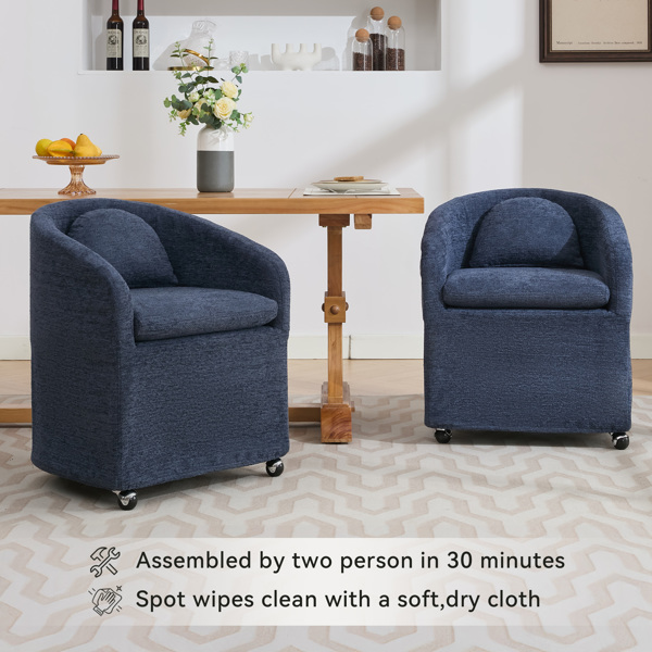 059-Set of 1 Chenille Fabric Dining Armchair With Back Cushion and Universal Wheels,Blue