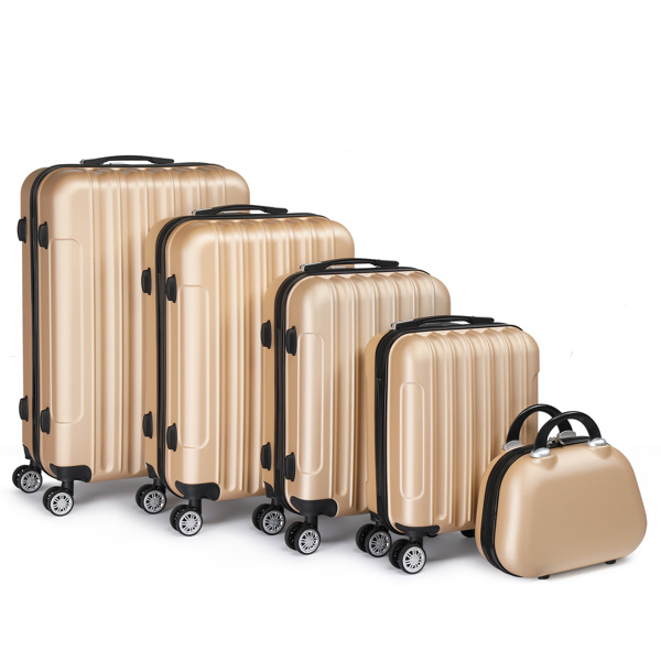 FCH Vertical Stripe Five-Piece Set ABS Luggage 16in, 20in, 24in, 28in + 12in Handbag with ABS Material and Steel Telescopic Handle in Trendy Champagne Gold