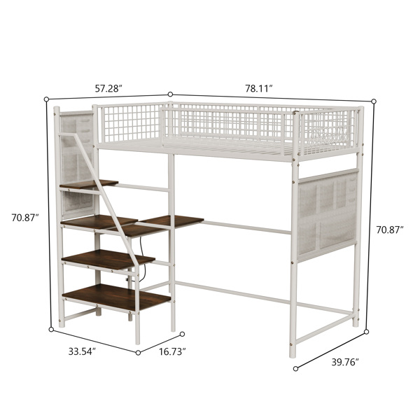 Twin sized loft metal bed with white for bedroom and dormitory, with built-in charging station and LED lighting