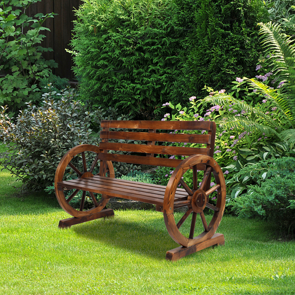 【Replace 28138436】Rustic 2-Person Wooden Wagon Wheel Bench with Slatted Seat and Backrest, Brown