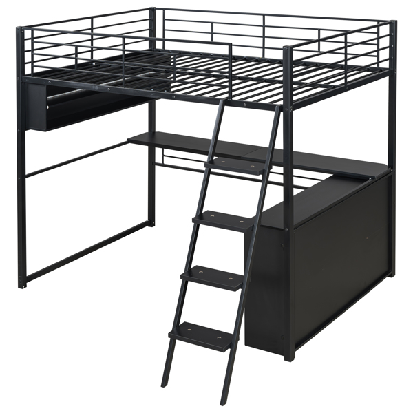 Full Size Metal Loft Bed with LED, Desk and 4 Storage Shelves, Black