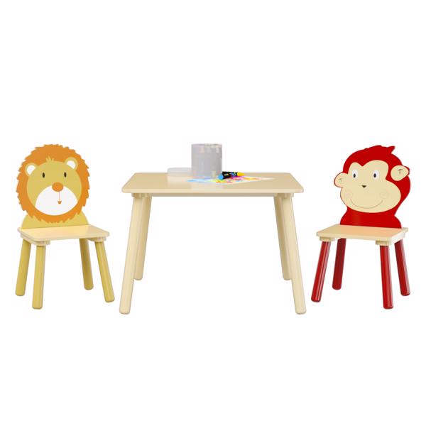 Kids Table and 2 Chairs Set, 3 Pieces Toddler Table and Chair Set, Wooden Activity Play Table Set (Lion&Monkey)