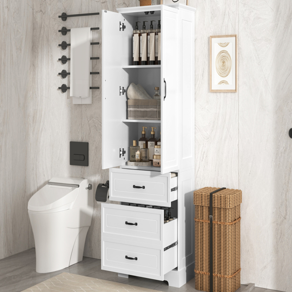 Tall Bathroom Storage Cabinet, Cabinet with Two Doors and Drawers, Adjustable Shelf, MDF Board, White