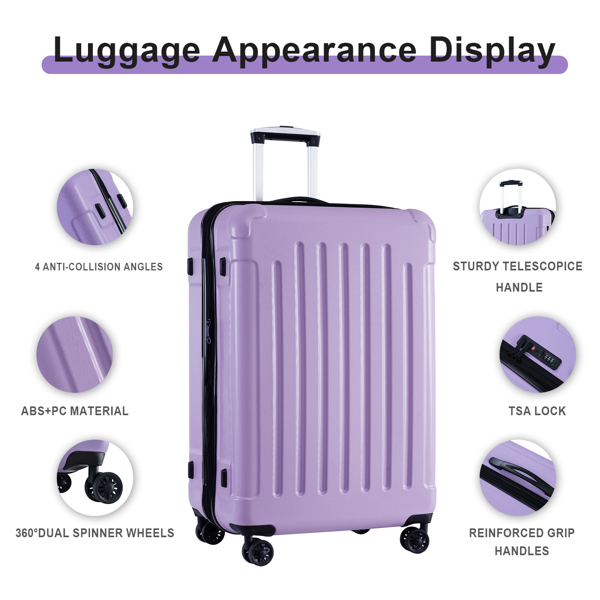 Luggage Sets ABS+PC Hardshell 3pcs Clearance Luggage Hardside Lightweight Durable Suitcase sets Spinner Wheels Suitcase with TSA Lock (20/24/28),Purple