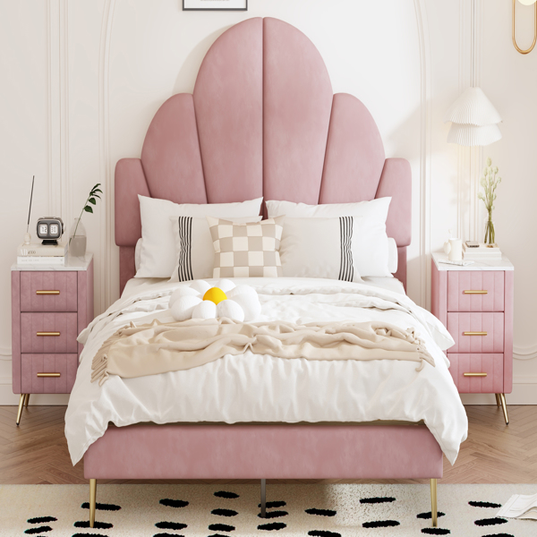 Queen Size Upholstered Bed Frame with Elegant Design, Modern Velvet Platform Bed with Petal Shape Headboard,Pink